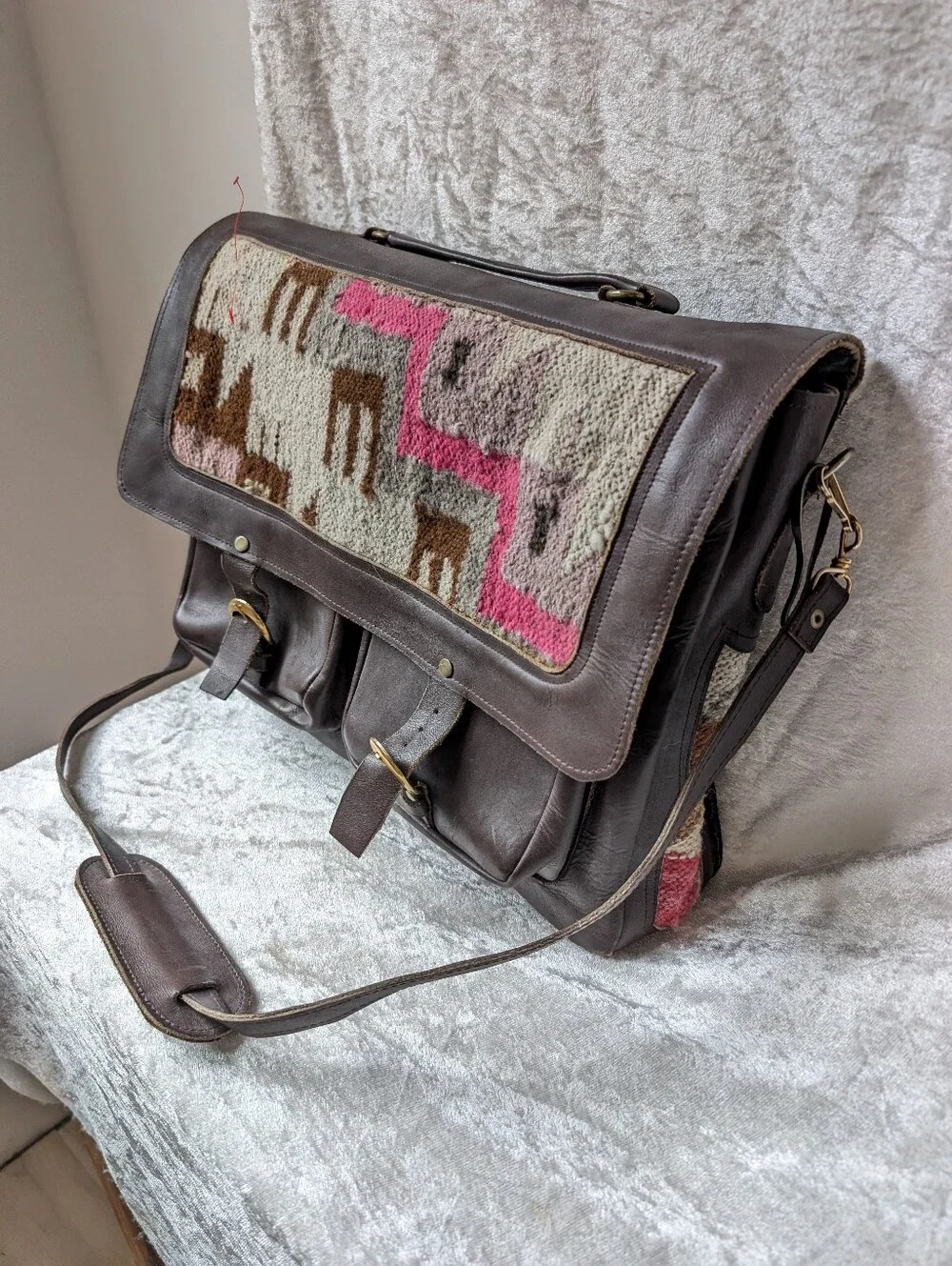 Handmade Peruvian Real Leather Woven Textile Briefcase Book Messenger Bag